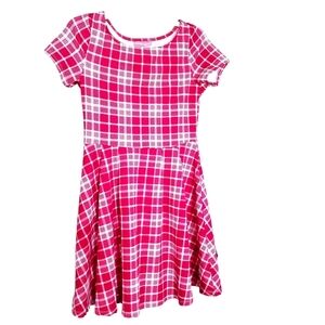 Barbiecore Pink & White Plaid Skater Dress Fit & Flare Short Sleeve Mini Size L